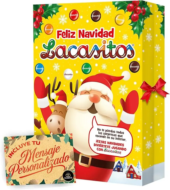 Calendario de Adviento Lacasitos en formato libro, 296 g de chocolate, con 24 sorpresas variadas, juegos interactivos y tarjeta personalizada Cia&Co. El mejor regalo.