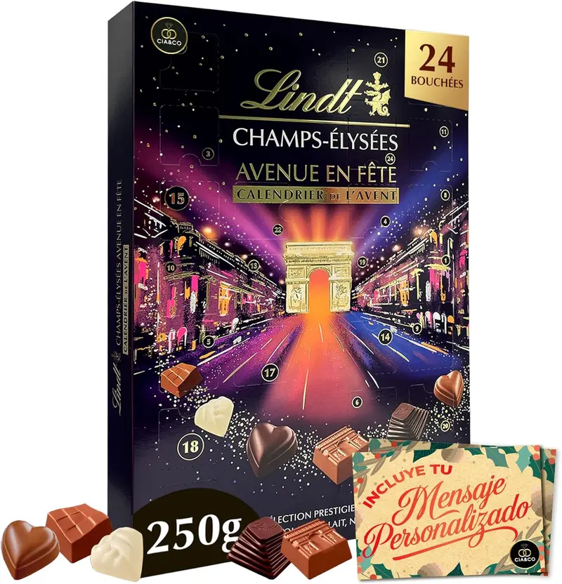 Calendario de Adviento Lindt Campos Elíseos + Tarjeta Personalizable Cia&Co con 24 Bombones Exclusivos de Chocolate Suizo · Con Leche, Negro y Blanco · Recetas Praliné, Caramelo y Fondant · 250 g