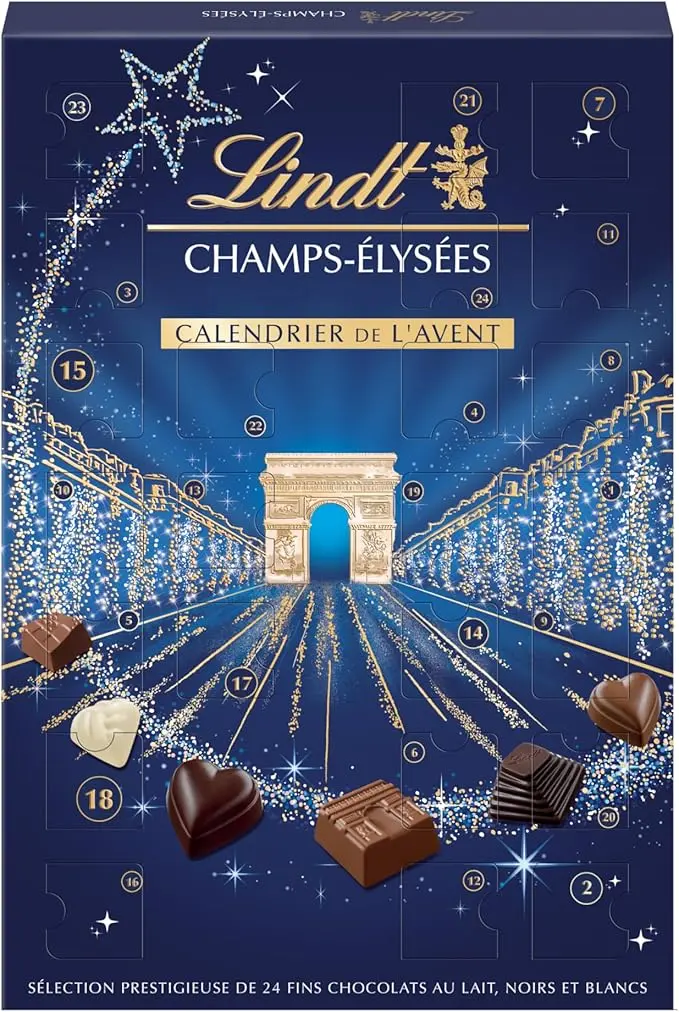 Calendario de Adviento Lindt Champs-Élysées, 250g de un exquisito surtido de bombones de chocolate con leche, negro y blanco. La cuenta atrás más sofisticada para Navidad.