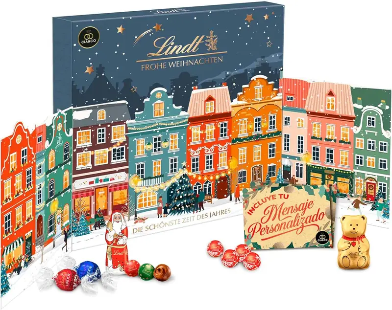 Calendario de Adviento LINDT Ciudad Navideña XXL 2025 · Formato Desplegable con Efectos Dorados · Bombones y Figuras Lindor · Incluye Tarjeta Personalizada Cia&Co · Regalo Premium de Navidad · 153 g