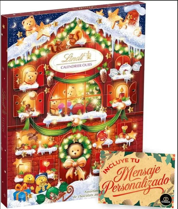 Calendario de Adviento Lindt con 24 sorpresas de chocolate y bombones surtidos, 170g. Incluye figuras de Ositos Lindt y cremosos bombones Lindor para una Navidad mágica.
