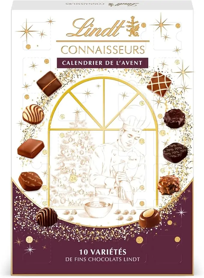 Calendario de Adviento Lindt Connaisseurs, 250g con 24 bombones de chocolate con leche, negro y blanco. Un regalo premium para una cuenta atrás de Navidad inolvidable.