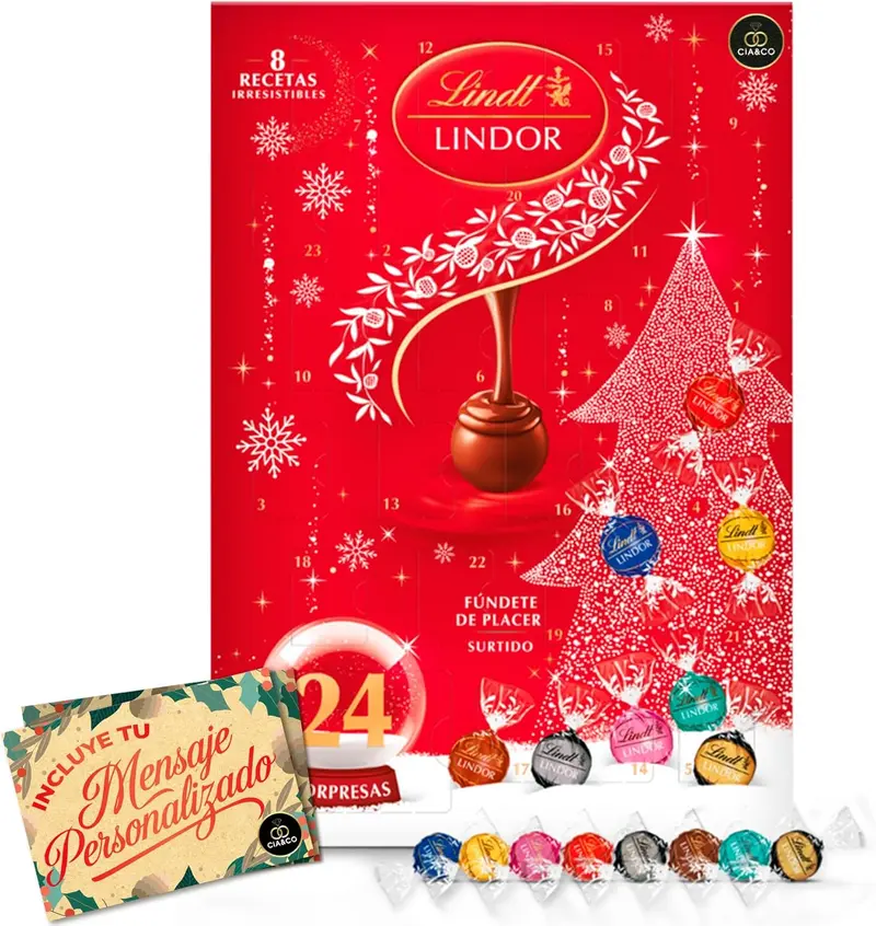Calendario de Adviento LINDT LINDOR 2025 · 24 Bombones Gourmet · 8 Recetas Irresistibles de Chocolate Lindt · Incluye Tarjeta Personalizable Cia&Co · Regalo Premium Navideño · 312 g