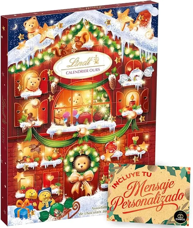 Calendario de Adviento Lindt Teddy 2024 con 24 bombones y chocolates surtidos de 170gr. Incluye una tarjeta de felicitación personalizable de Cia&Co para un regalo único.