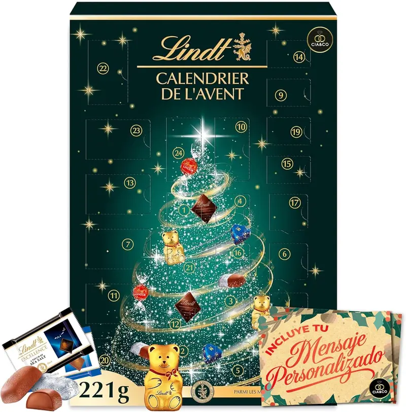 Calendario de Adviento Lindt Verde 2025 · 24 Bombones y Chocolates Suizos Lindor & Excellence · Surtido Gourmet con Ositos, Corazones y Pralinés · Incluye Tarjeta Personalizable Cia&Co · 221 g