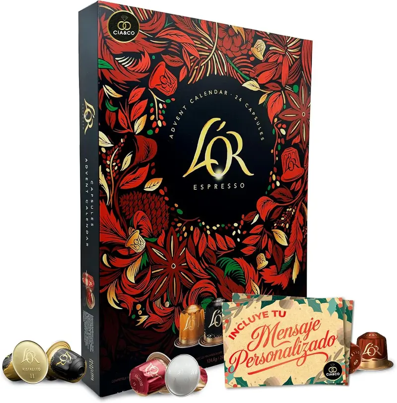 Calendario de Adviento L’OR Espresso 2025 · 24 Cápsulas de Café Premium Compatibles con Cafeteras Nespresso ® · Edición Gourmet + Tarjeta Personalizable Cia&Co · Exclusivo para Amantes del Café