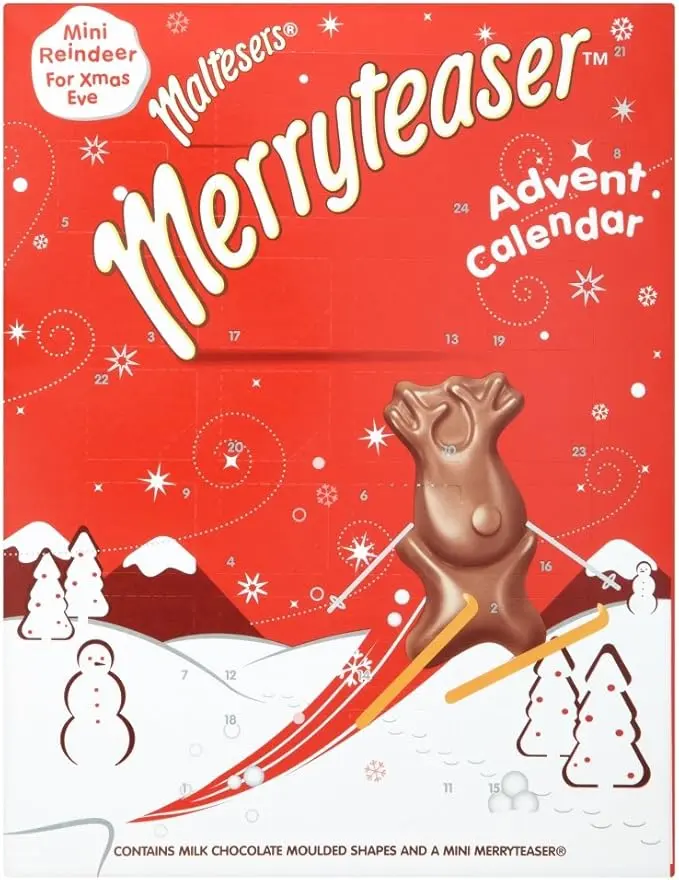 Calendario de Adviento Maltesers Merryteaser, 104g de diversión crujiente. Disfruta de 24 sorpresas de chocolate con leche y un corazón de malta ligero como el aire.