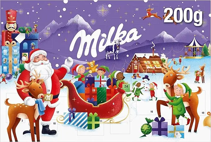 Calendario de Adviento Milka 200g con 24 Chocolatinas. Un regalo de Navidad con la tradición del chocolate con leche de los Alpes y cacao de cultivo sostenible.
