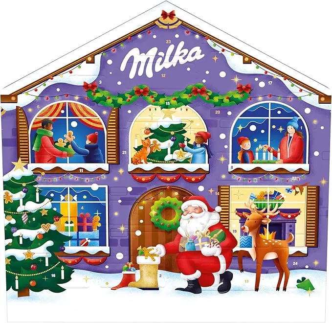 Calendario de Adviento Milka Casa Navideña, 147g de chocolates surtidos. Con 24 sorpresas y 6 variedades diferentes para una cuenta atrás llena de ternura y sabor.