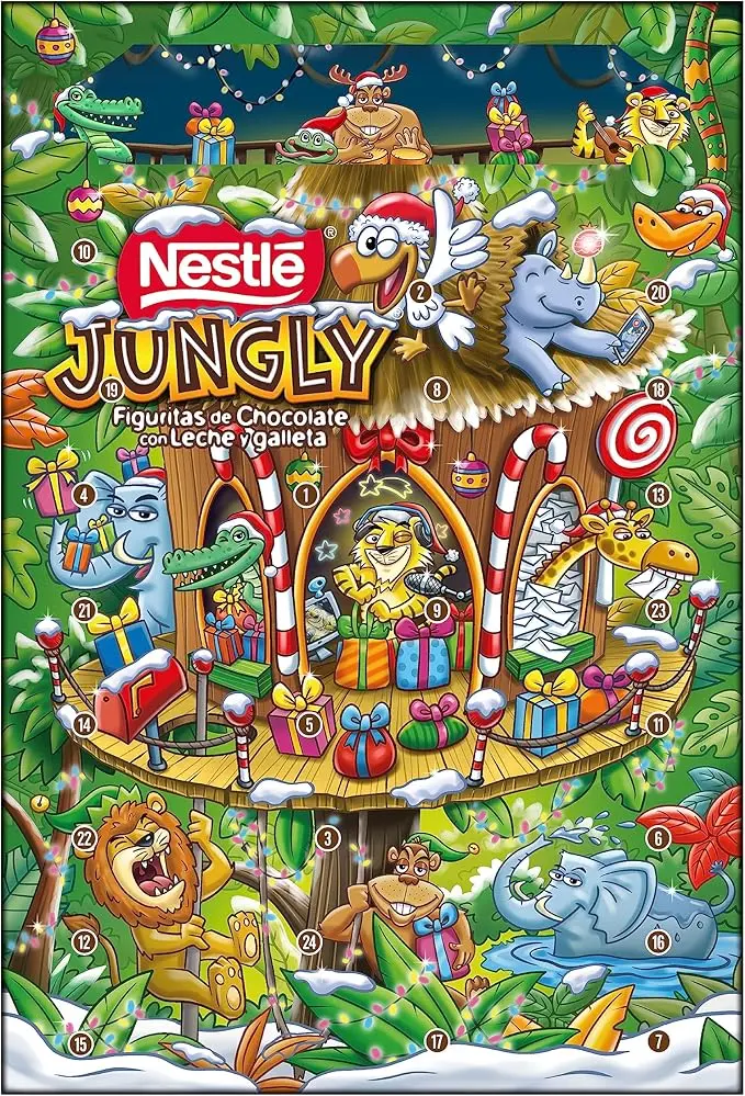 Calendario de Adviento Nestlé Jungly con 24 figuritas de chocolate con leche y galleta (187g). La cuenta atrás más salvaje y deliciosa con el sabor del chocolate más buscado.