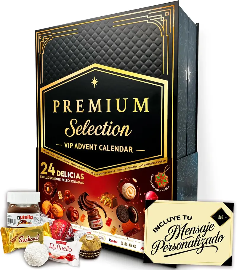 Calendario de Adviento Premium Moments 2025 · Edición Lujo XXL · 24 Delicias · Incluye Ferrero Rocher, Raffaello, Caja Roja y Chocolate Dubai + Dedicatoria Personalizable y Estrella de Navidad · 640 g