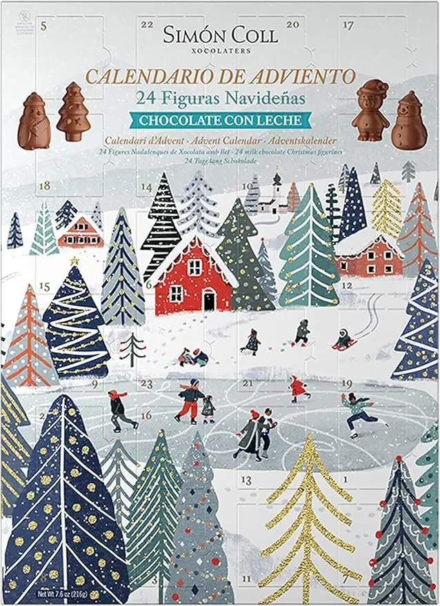 Calendario de Adviento Simón Coll con 24 figuras 3D de Chocolate con Leche, 216gr. Un regalo cremoso y delicioso, sin gluten ni aceite de palma, para toda la familia.