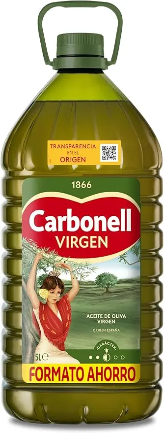 Carbonell Aceite de Oliva Virgen en garrafa de 5 Litros. Un aceite versátil y equilibrado, pilar de la cocina mediterránea, envasado en botella de plástico 100% reciclado.