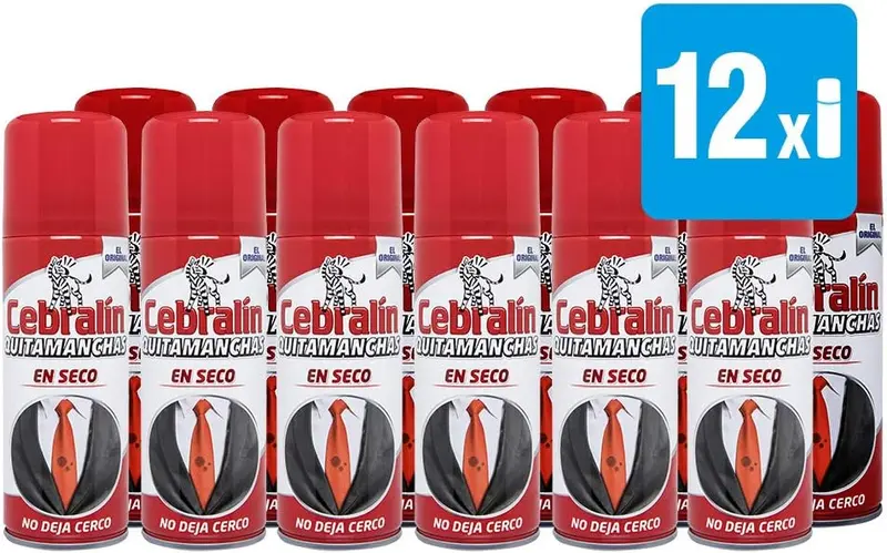 Cebralín Quitamanchas Expert en Seco, Pack Ahorro de 12 botes de 200ml (Total 2.4L). La solución profesional para eliminar manchas de grasa sin necesidad de lavar la ropa.
