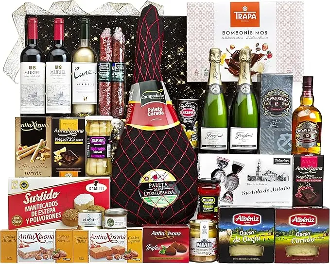 Cesta de Navidad con Paleta Serrana Cia&Co Lote B810. Un regalo gourmet muy completo con Paleta Reserva, Cava, vino, ibéricos y dulces. Ideal para empresas y para compartir en familia.