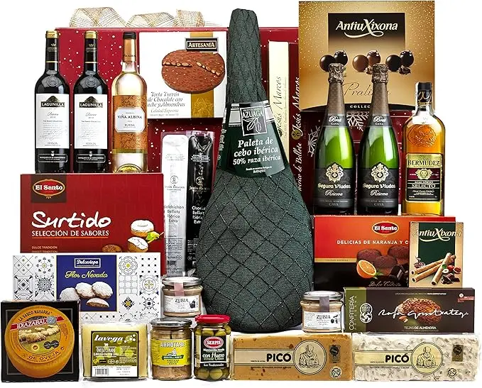 Cesta de Navidad con Paleta Serrana Cia&Co Lote B811. Un regalo navideño espectacular con Paleta Reserva, bebidas premium, ibéricos, queso y un gran surtido de dulces.