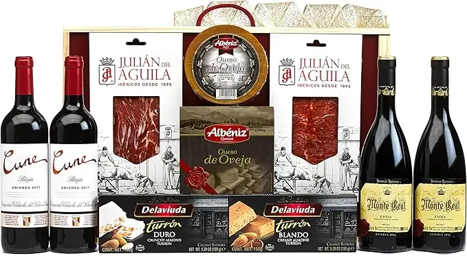 Cesta de Navidad Gourmet en Caja de Madera Cia&Co Lote 59. Un regalo de prestigio con Cava, Vino, ibéricos, queso y dulces, presentado en una bonita caja de madera reutilizable.