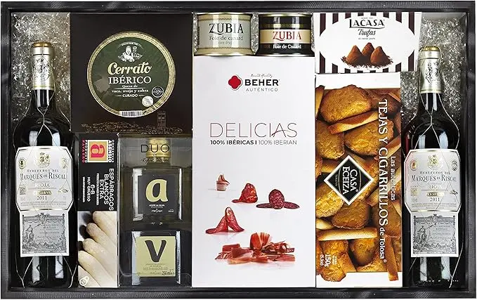 Cesta de Navidad Gourmet en Caja de Madera Cia&Co Lote B110. Un regalo de alta gama con Paleta Ibérica de Bellota, Whisky, Gin, vinos y una selección gourmet, en una caja de madera de lujo.