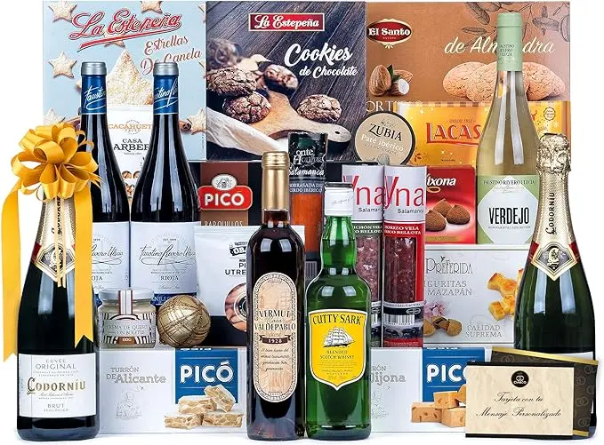 Cesta de Navidad Gourmet Lote A213 de Cia&Co. Un regalo de lujo con una selección deluxe de productos, jamón ibérico, vinos y dulces. Incluye tarjeta personalizada.