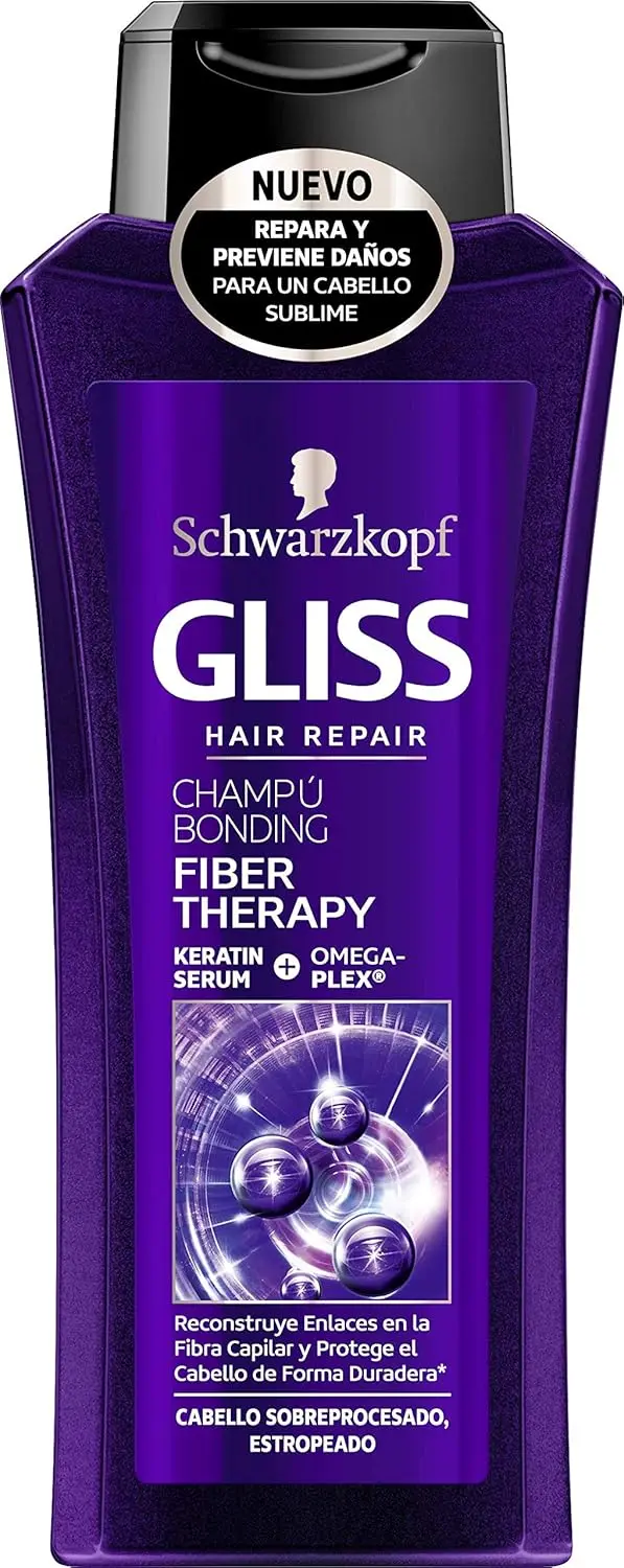 Champú Gliss Fiber Therapy de 400ml para cabello sobreprocesado y dañado. Su fórmula con Omegaplex reconstruye los puentes de la fibra capilar dañados por tinte y plancha.