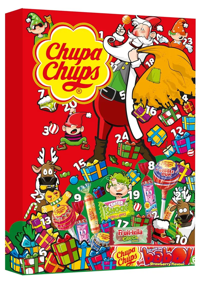 Chupa Chups Calendario de Adviento con 24 sorpresas (330g). Una divertida cuenta atrás para Navidad con un surtido de los caramelos con palo, chicles y gominolas más famosos.