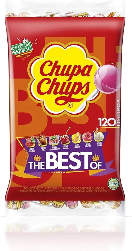 Chupa Chups Original, Bolsa Grande de 120 Caramelos con Palo (1.44kg). El formato ahorro ideal con 7 sabores surtidos para grandes fiestas, eventos y celebraciones.