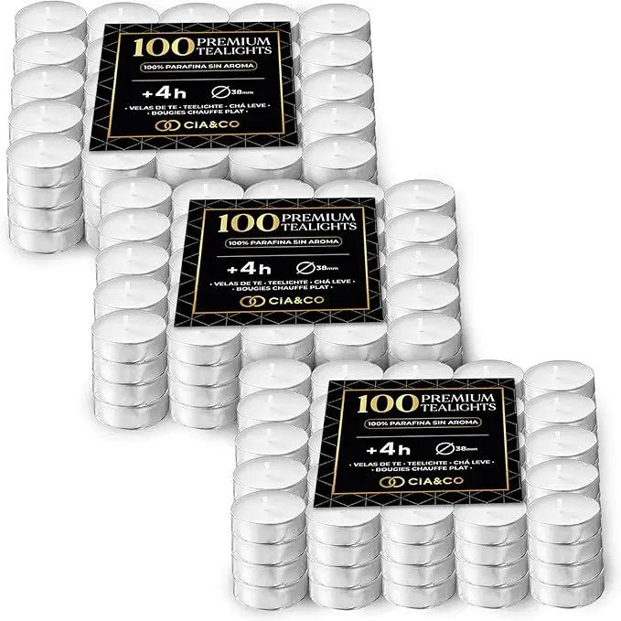Cia&Co Pack 300 Velas de Té de Larga Duración 4 Horas. Velas Blancas Redondas sin Aroma, 100% Parafina y 38mm de Diámetro, Ideales para Hostelería, Eventos y Decoración.
