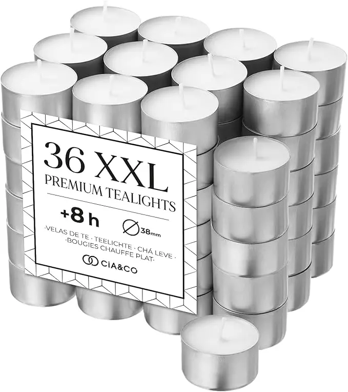 Cia&Co Pack de 36 Velas de Té XXL de 8 Horas de Larga Duración