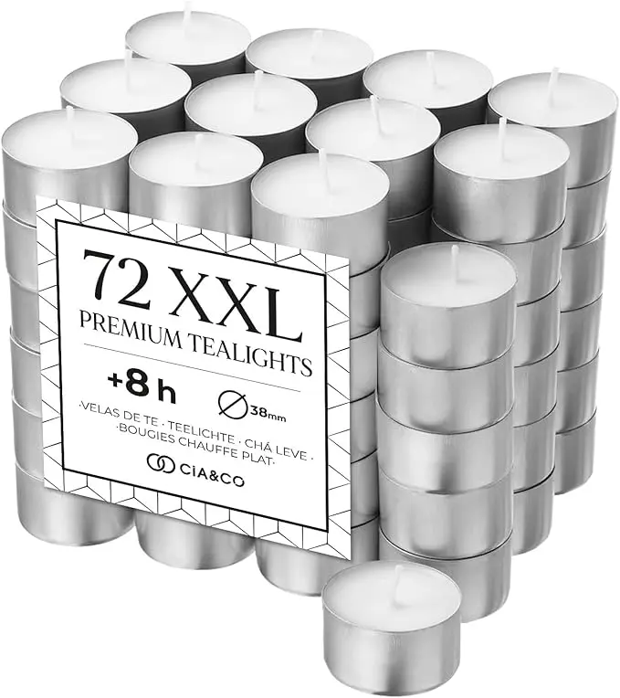 Cia&Co Pack de 72 Velas de Té XXL de 8 Horas de Larga Duración