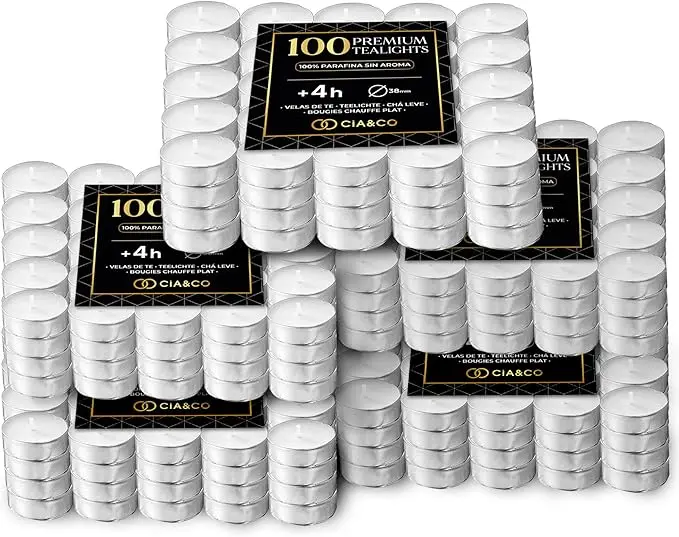 Cia&Co Pack Profesional 500 Velas de Té 4 Horas de Duración. Velas Blancas sin Perfume de 38mm, 100% Parafina, la Mejor Opción para Hostelería, Restaurantes y Grandes Eventos.