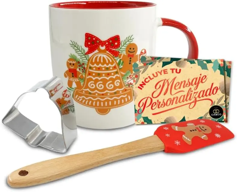 Cia&Co Set Taza Navideña Campana 380 ml + Espátula Repostera y Molde para Galletas · Caja Regalo Festiva + Tarjeta Personalizable Idea Amigo Invisible y Detalles de Navidad