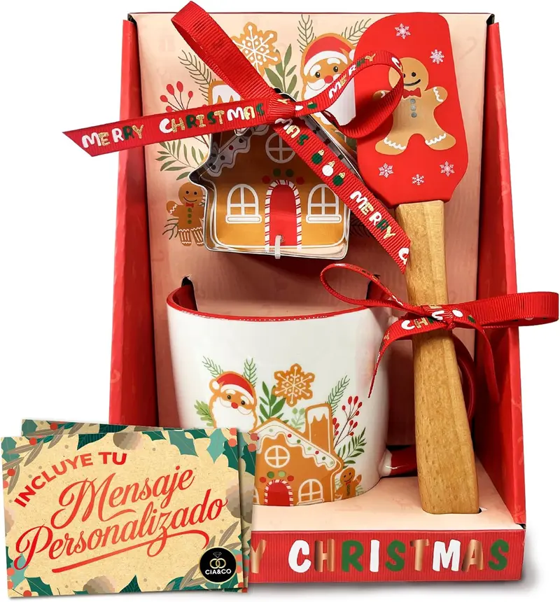 Cia&Co Set Taza Navideña Casita 380 ml + Espátula Repostera y Molde para Galletas · Caja Regalo Festiva + Tarjeta Personalizable Idea Amigo Invisible y Detalles de Navidad