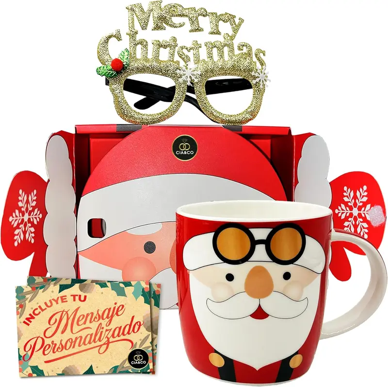 Cia&Co Set Taza Papá Noel 380 ml + Gafas “Merry Christmas” · Caja Regalo con Diseño Festivo + Tarjeta Personalizable Regalo Navideño Idea Perfecta para Amigo Invisible y Detalles de Navidad