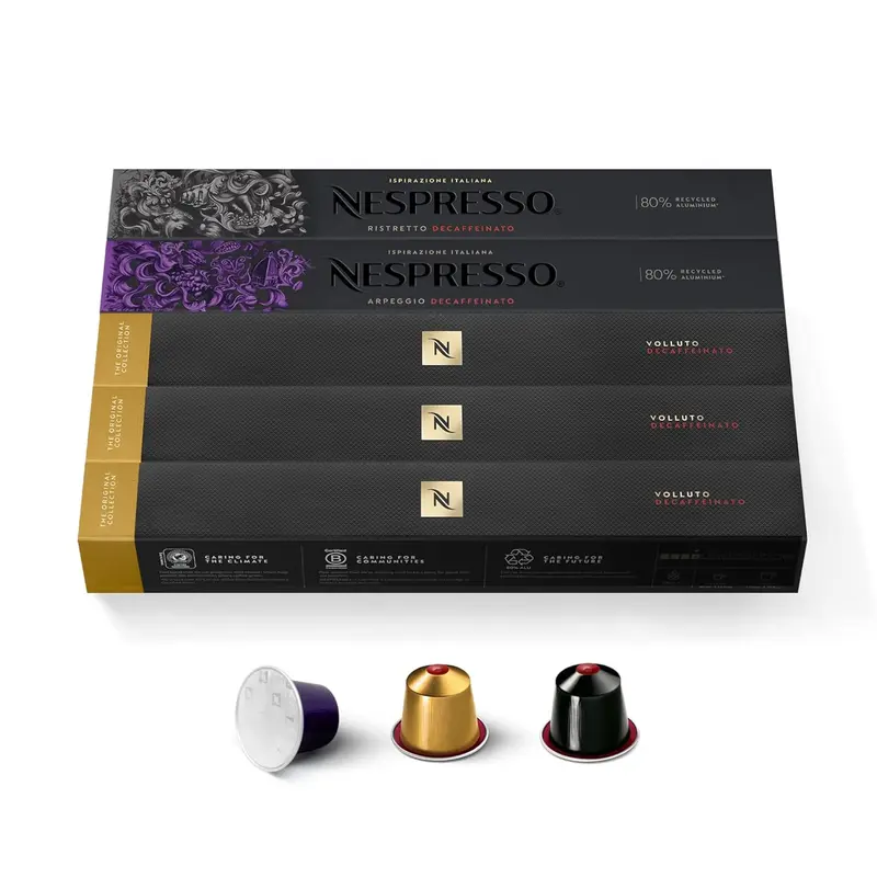 Colección Descafeinado Nespresso Original, pack de 50 cápsulas. Incluye Volluto, Ristretto y Arpeggio Decaffeinato, los clásicos de siempre, sin cafeína.