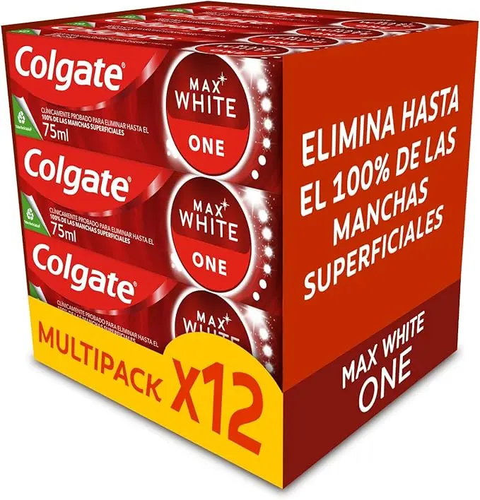 Colgate Max White One, pack de 12 pastas de dientes blanqueadoras (12x75ml). Fórmula clínicamente probada que elimina el 100% de manchas para una sonrisa más blanca.
