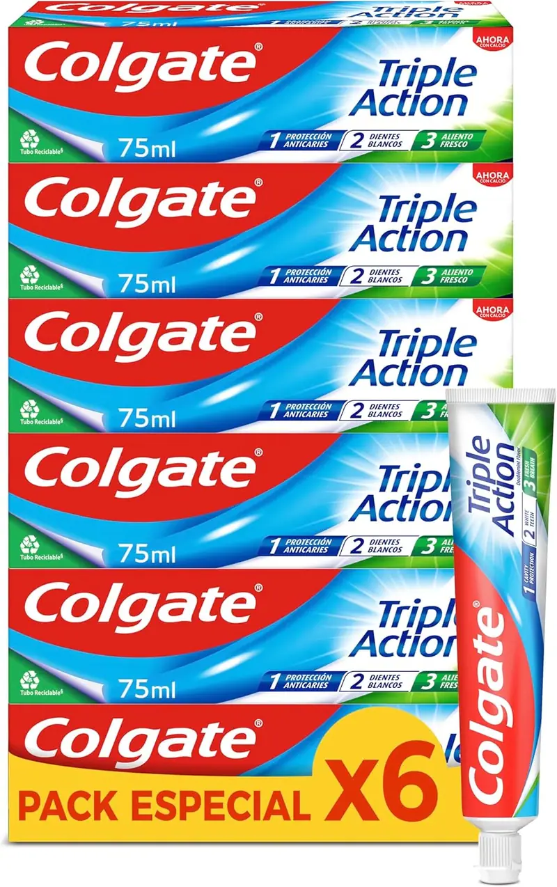Colgate Triple Acción, pack de 6 pastas de dientes de 75ml. El dentífrico con flúor para toda la familia que protege contra la caries, blanquea los dientes y refresca el aliento.