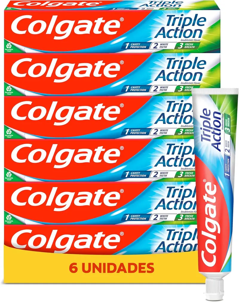 Colgate Triple Acción, Pasta de Dientes con Flúor, Pack de 6 tubos de 75ml. La protección 3 en 1 para tu boca