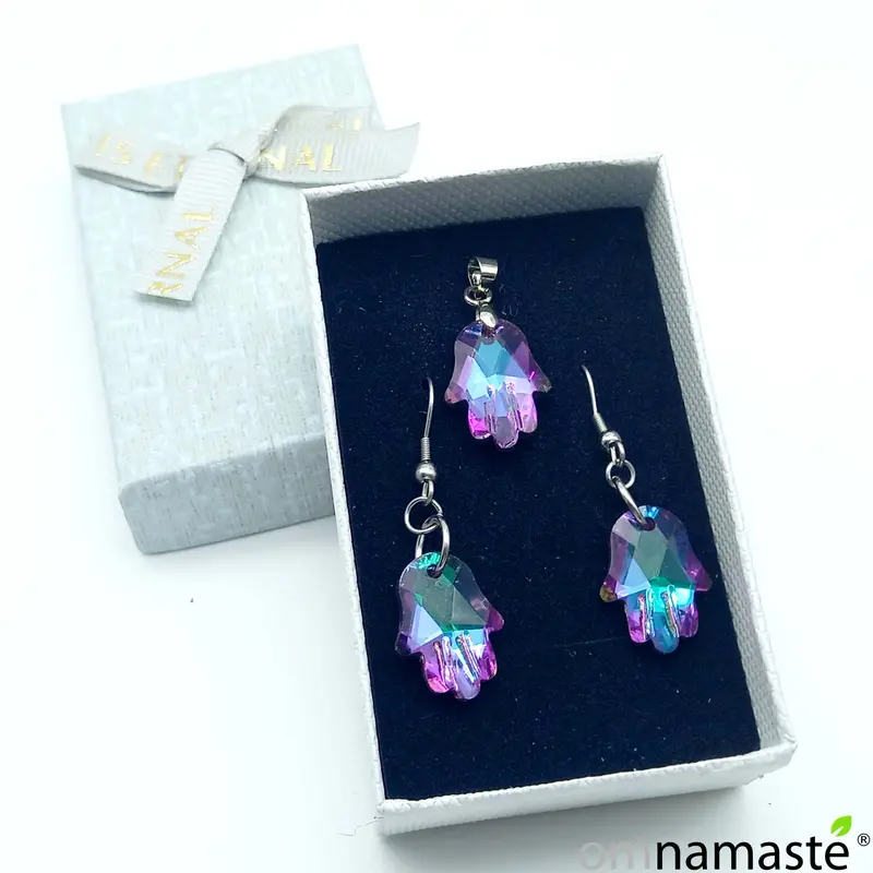 Conjunto acero pendientes y colgante cristal mano de fátima