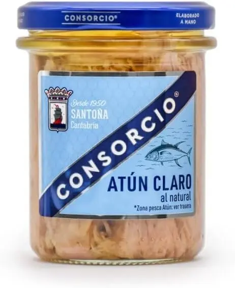 Consorcio Atún Claro en Aceite de Oliva, Pack de 12 Tarros de 195g (Total 2.34kg). Atún de Santoña 100% natural y artesanal, ideal para una despensa familiar completa.