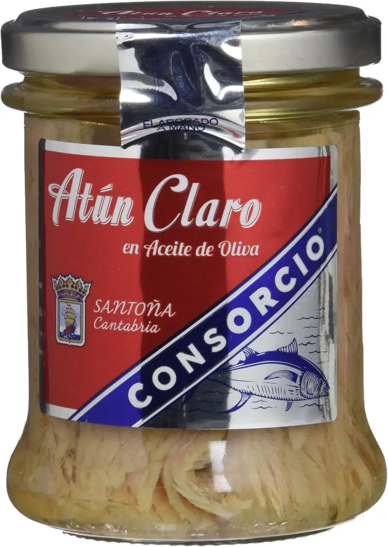 Consorcio Atún Claro en Aceite de Oliva, Pack de 6 Tarros de 195g (Total 1.17kg). Atún de Santoña 100% natural, elaborado artesanalmente y conservado en tarro de cristal.