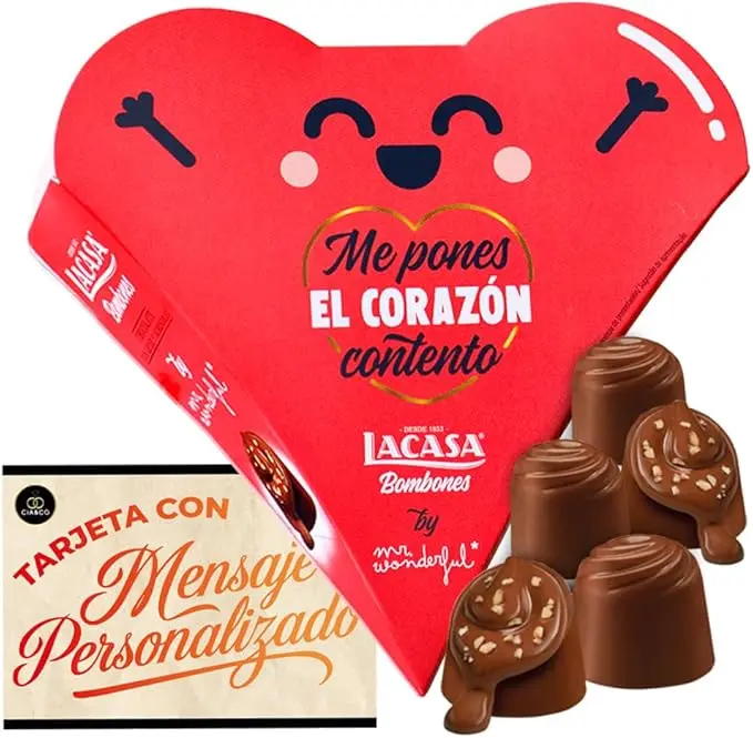 Corazón de Bombones LaCasa y Mr. Wonderful. Caja con diseños y mensajes románticos aleatorios. Incluye bombones de chocolate con leche y almendra y tarjeta personalizable Cia&Co.