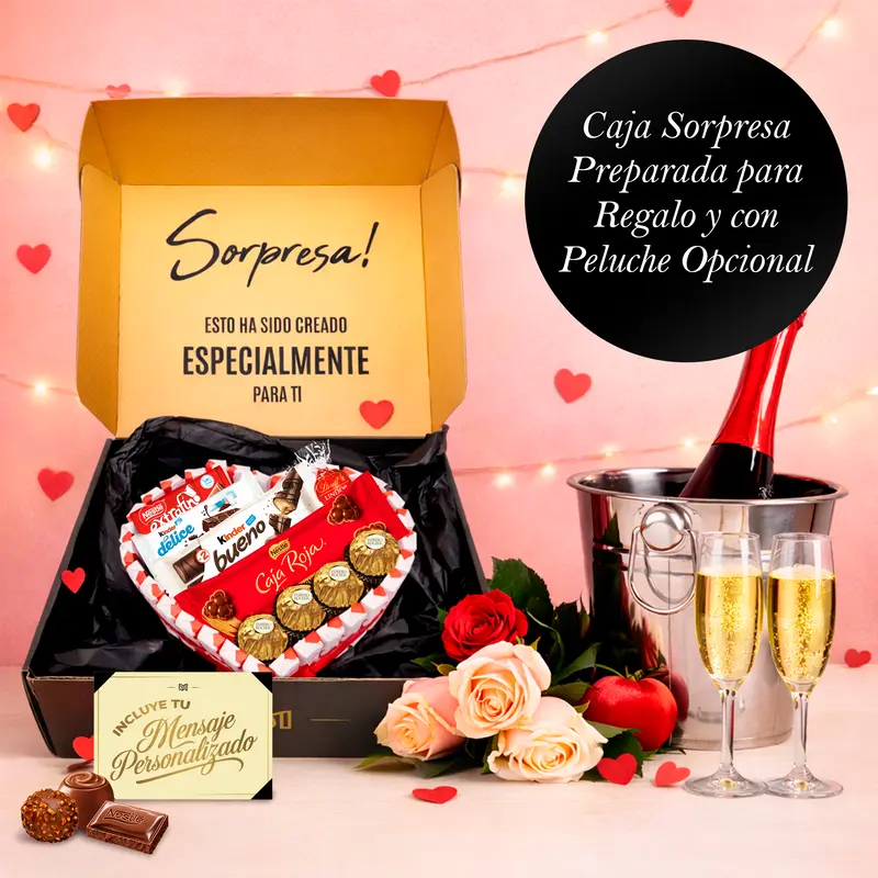 Corazón Sorpresa Regalo San Valentín con +40 Bombones y Chocolates – Ferrero Rocher, Lindt Lindor, Caja Roja, Kinder – Tarjeta Personalizada y Presentación Especial