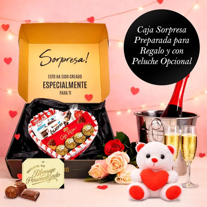 Corazón Sorpresa Regalo San Valentín con Peluche y +40 Bombones y Chocolates – Ferrero Rocher, Lindt Lindor, Caja Roja, Kinder – Tarjeta Personalizada