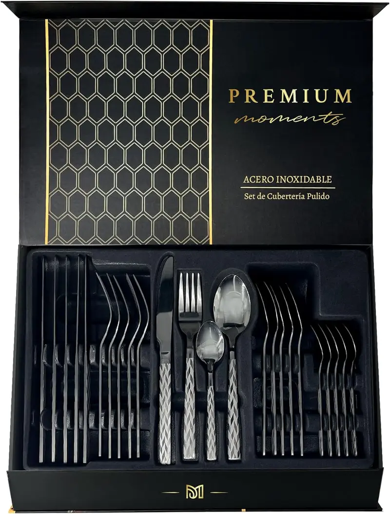 Cubertería Negra 24 Piezas – Set de Mesa Elegante para 6 Servicios en Acero Inoxidable