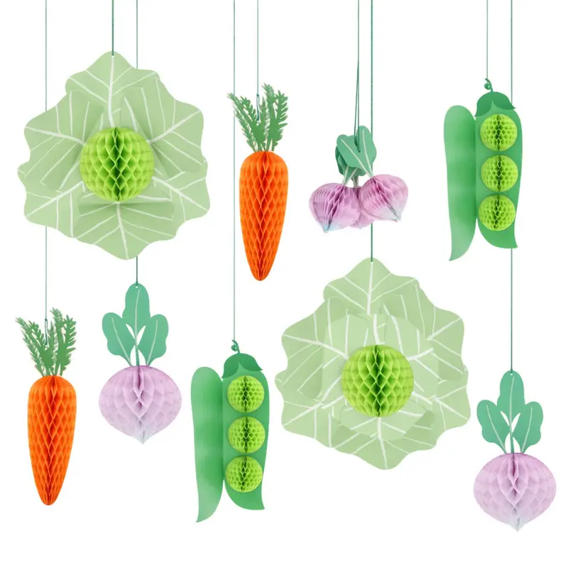 Decoraciones colgantes de verduras en papel estilo panal
