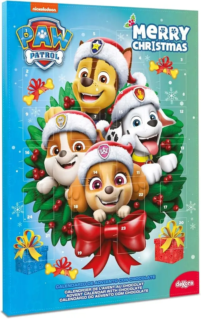 Dekora Calendario de Adviento de la Patrulla Canina con Guirnalda, 50g. Una cuenta atrás 2 en 1 con 24 chocolatinas y una guirnalda para decorar en Navidad.