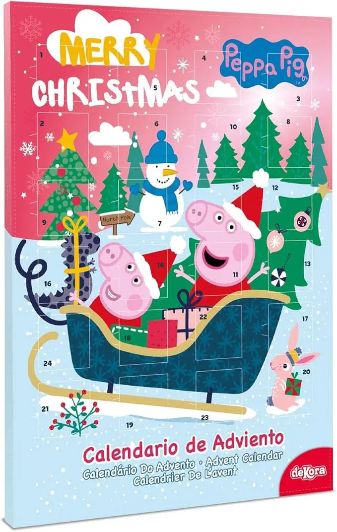 Dekora Calendario de Adviento de Peppa Pig, 50g. La cuenta atrás para la Navidad más divertida con Peppa, George y 24 chocolatinas de chocolate con leche y colorantes naturales.