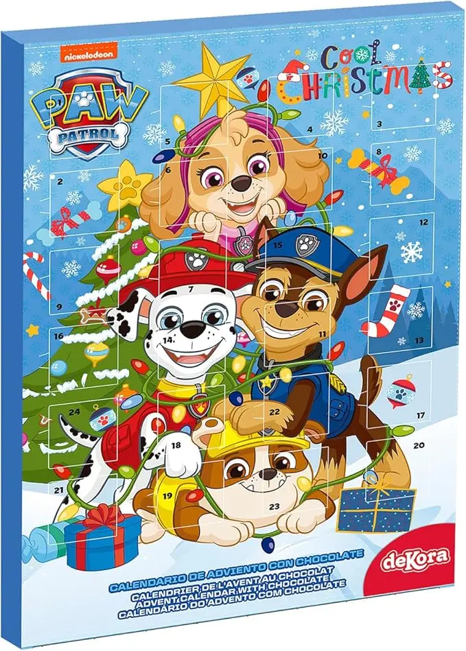 Dekora Calendario de Adviento Infantil de la Patrulla Canina, 50g. Una cuenta atrás navideña con los cachorros más valientes y 24 chocolatinas sin gluten.