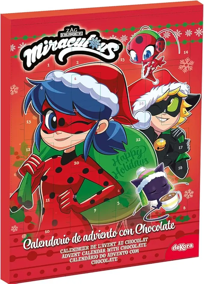 Dekora Calendario de Adviento Infantil de Miraculous Ladybug, 50g. Una prodigiosa cuenta atrás para la Navidad en París con 24 chocolatinas de chocolate con leche.