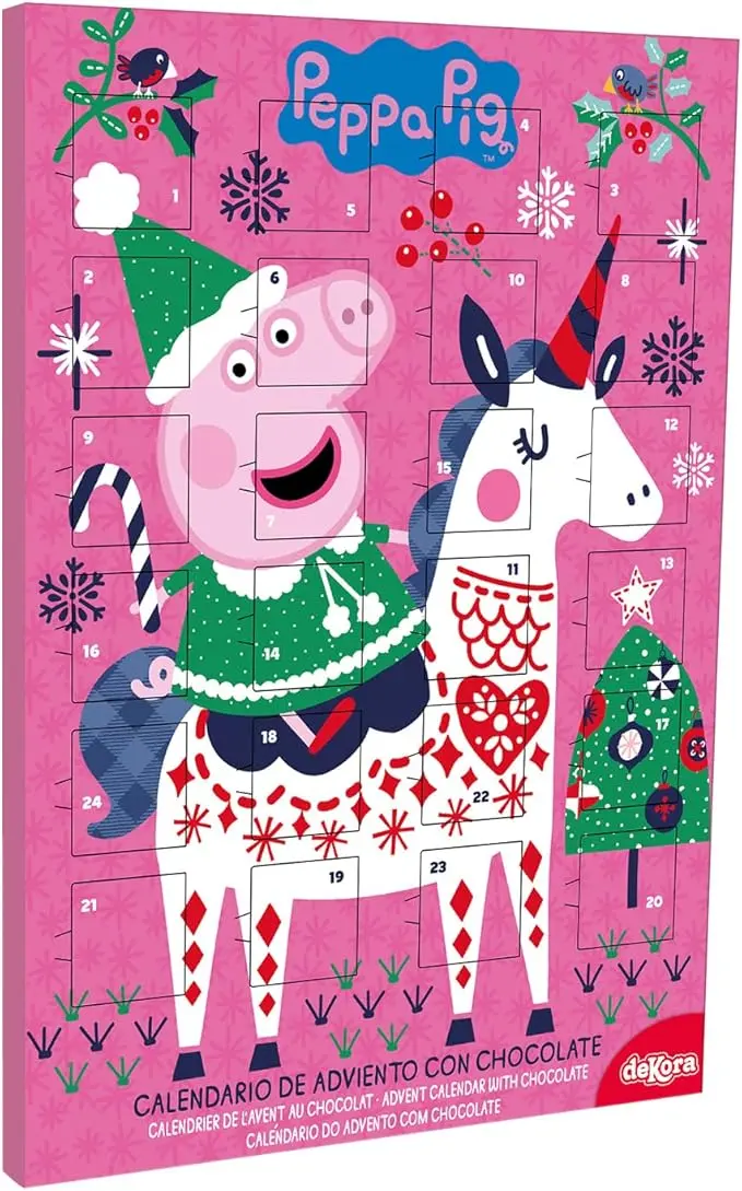 Dekora Calendario de Adviento Infantil de Peppa Pig, 50g. Un calendario navideño con un original diseño de estilo artístico y 24 chocolatinas de chocolate con leche sin gluten.